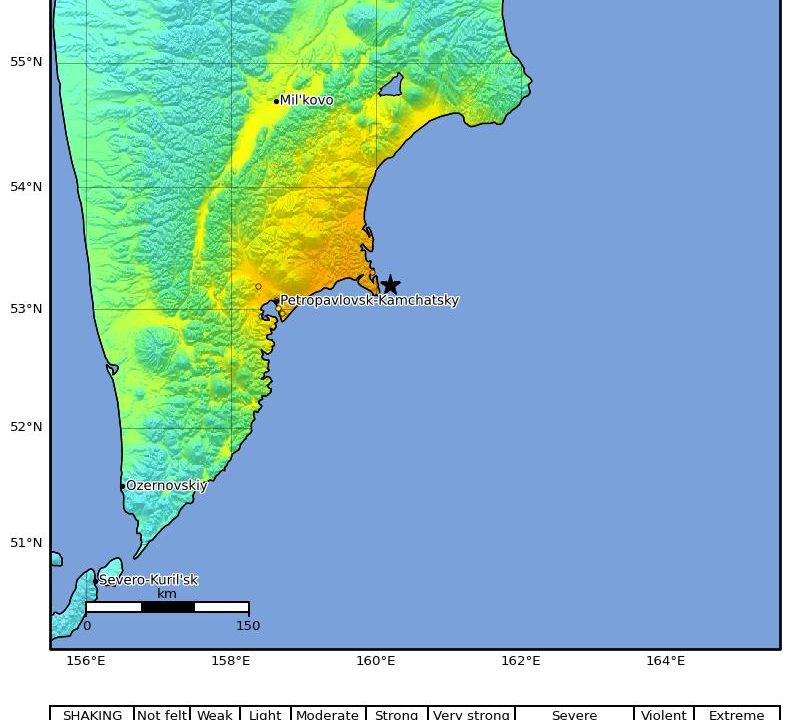 מפת עוצמת הרעידה שפרסם הסקר הגיאולוגי האמריקני