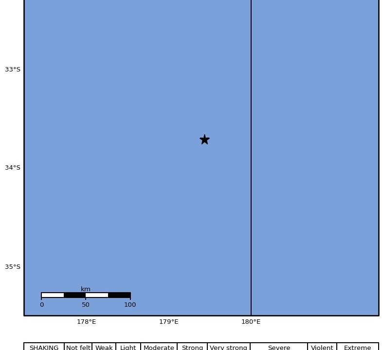 מפת עוצמת הרעידה שפרסם הסקר הגיאולוגי האמריקני