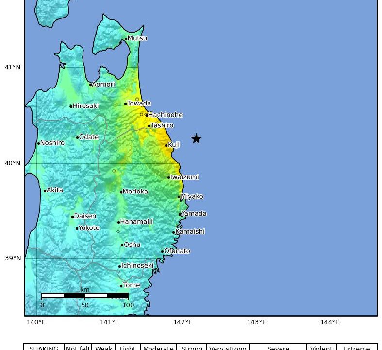מפת עוצמת הרעידה שפרסם הסקר הגיאולוגי האמריקני